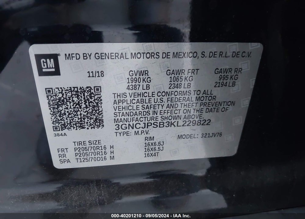 2019 CHEVROLET TRAX LT VIN: 3GNCJPSB3KL229822