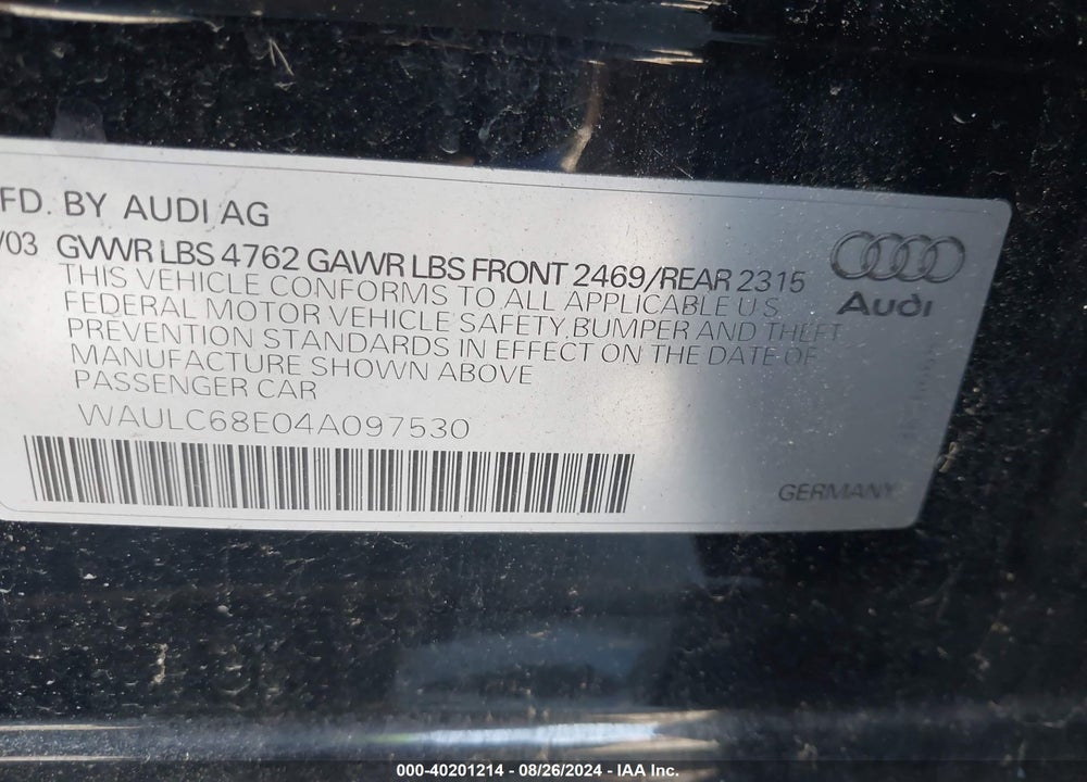 2004 AUDI A4 1.8T VIN: WAULC68E04A097530
