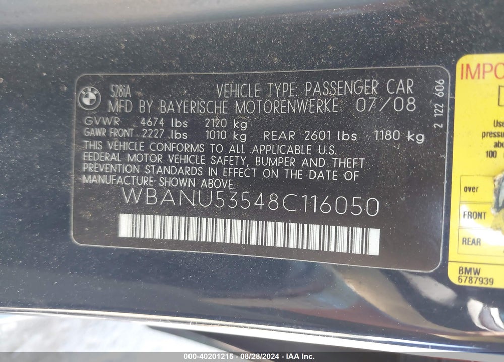 2008 BMW 528I VIN: WBANU53548C116050