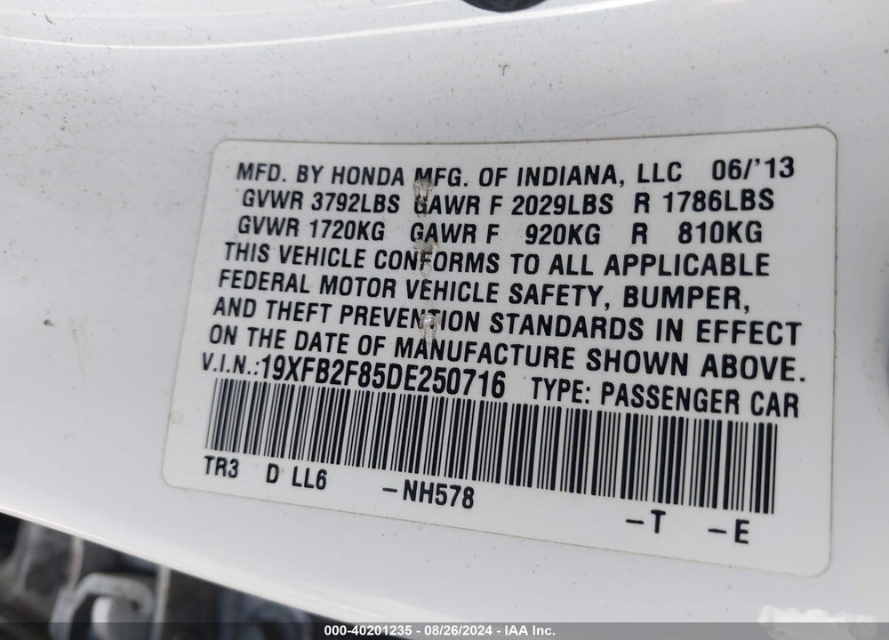 2013 HONDA CIVIC VIN: 19XFB2F85DE250716