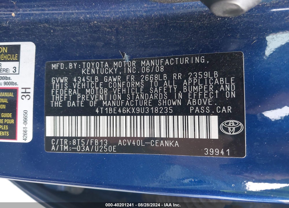 2009 TOYOTA CAMRY LE VIN: 4T1BE46KX9U318235