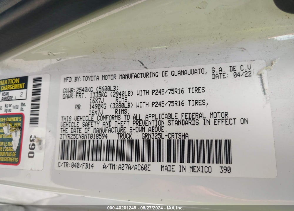 2022 TOYOTA TACOMA VIN: 3TYRZ5CN8NT018594