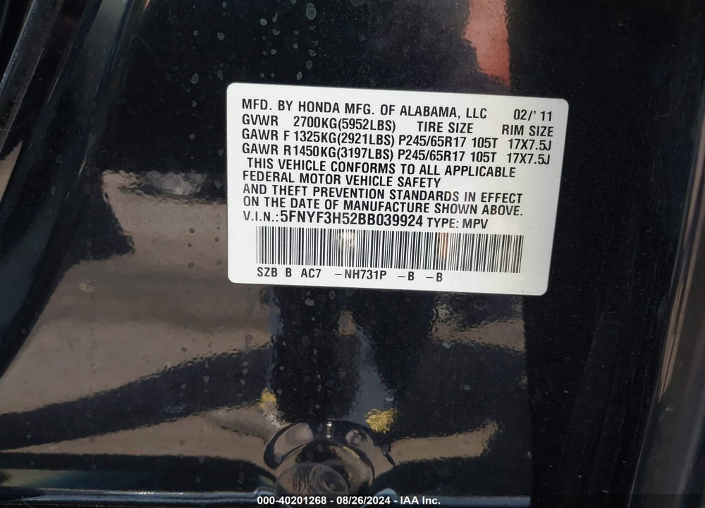 2011 HONDA PILOT EX-L VIN: 5FNYF3H52BB039924