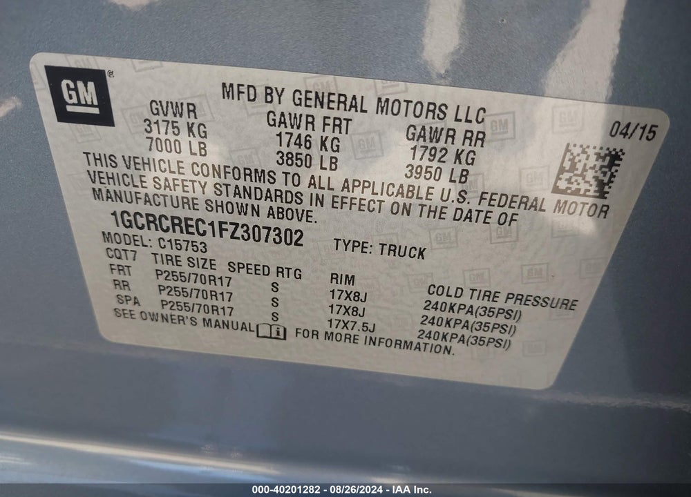 2015 CHEVROLET SILVERADO 1500 1LT VIN: 1GCRCREC1FZ307302