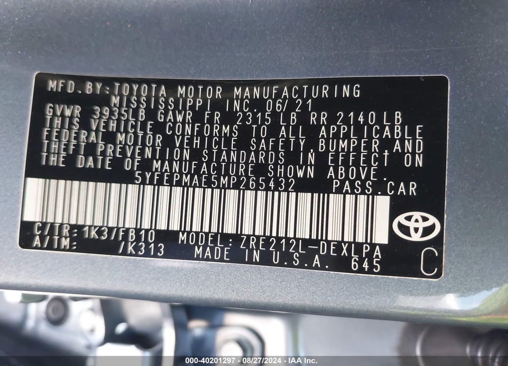 2021 TOYOTA COROLLA LE VIN: 5YFEPMAE5MP265432