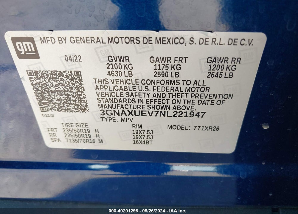 2022 CHEVROLET EQUINOX AWD LT VIN: 3GNAXUEV7NL221947