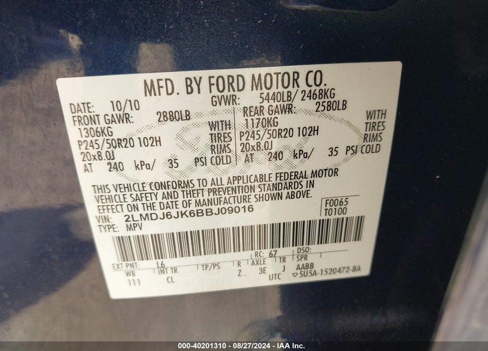 2011 LINCOLN MKX VIN: 2LMDJ6JK6BBJ09016
