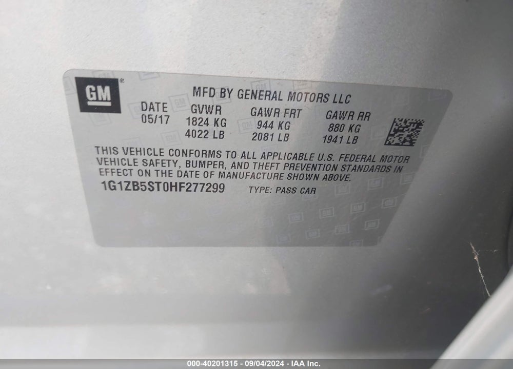 2017 CHEVROLET MALIBU VIN: 1G1ZB5ST0HF277299
