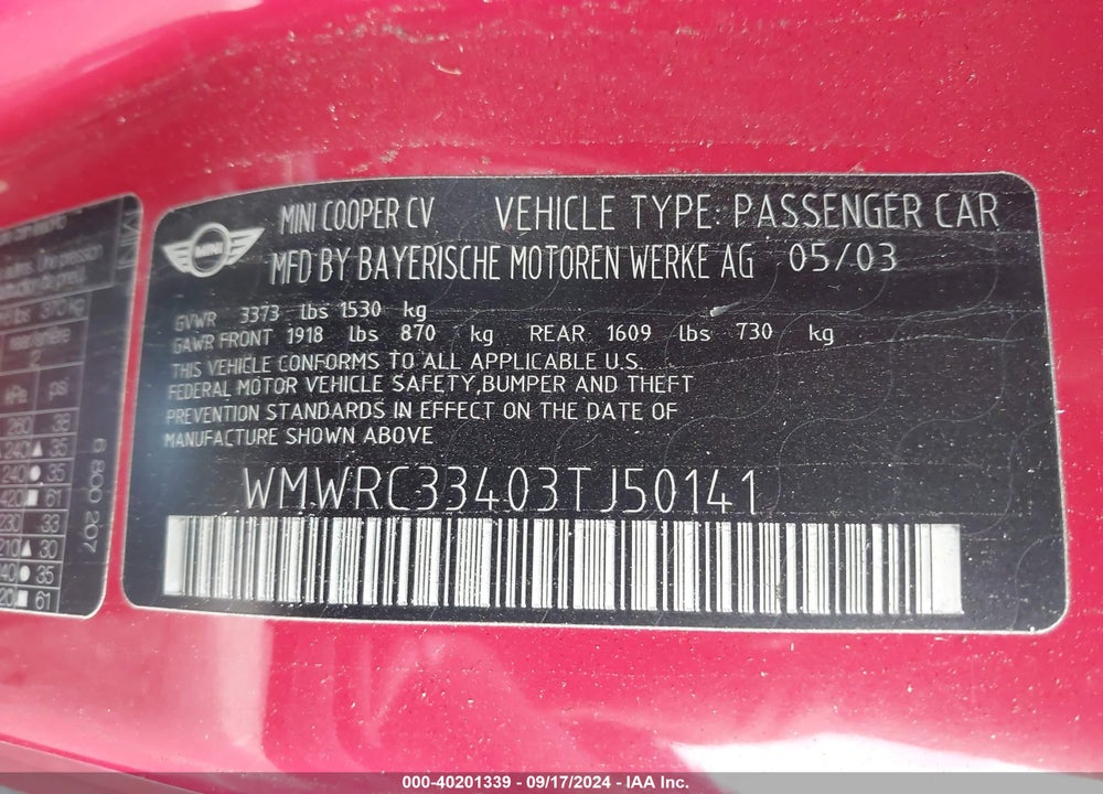 2003 MINI COOPER VIN: WMWRC33403TJ50141