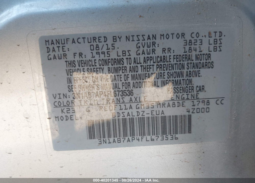 2015 NISSAN SENTRA SV VIN: 3N1AB7AP4FL673536