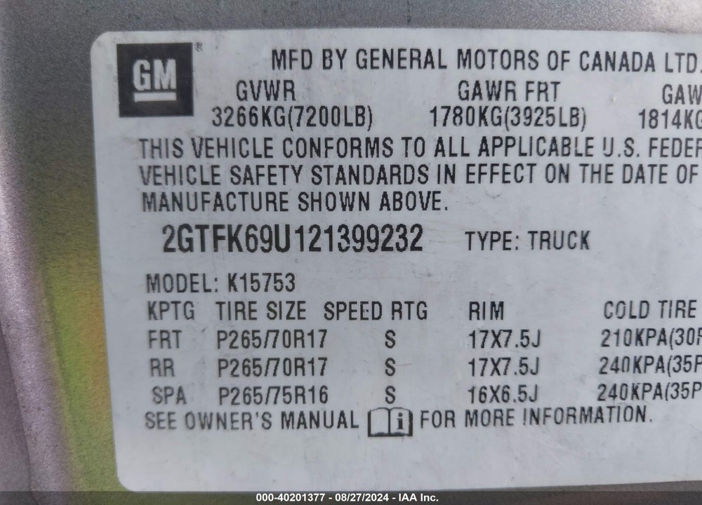 2002 GMC SIERRA 1500 DENALI VIN: 2GTFK69U121399232