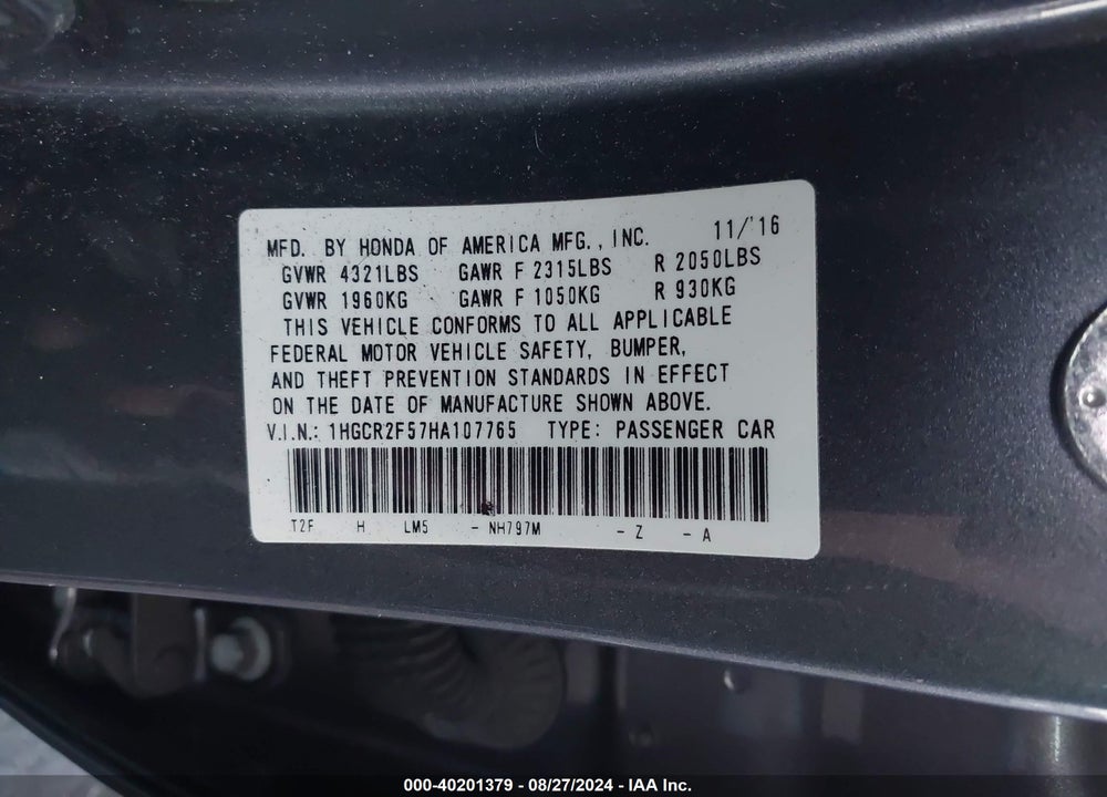 2017 HONDA ACCORD SPORT VIN: 1HGCR2F57HA107765