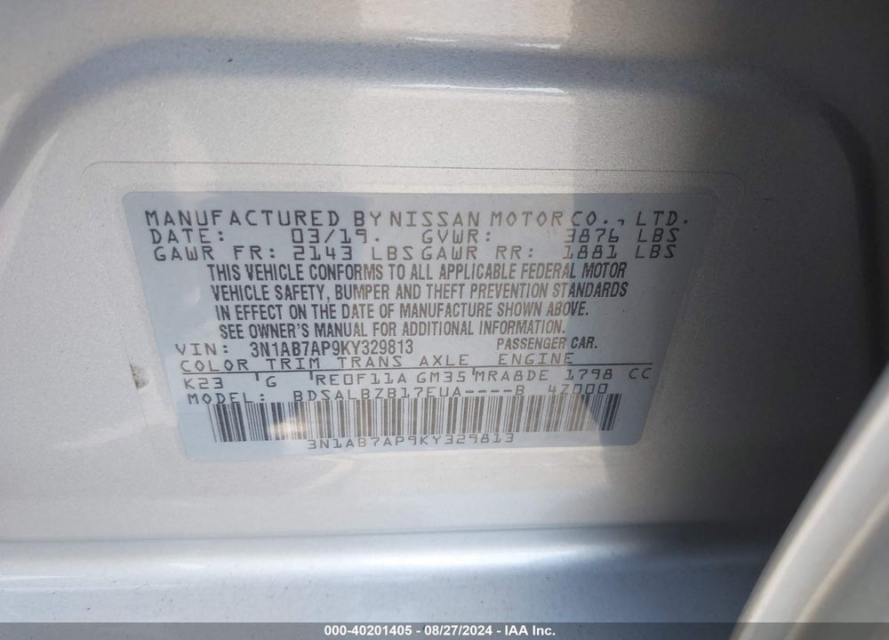 2019 NISSAN SENTRA S VIN: 3N1AB7AP9KY329813