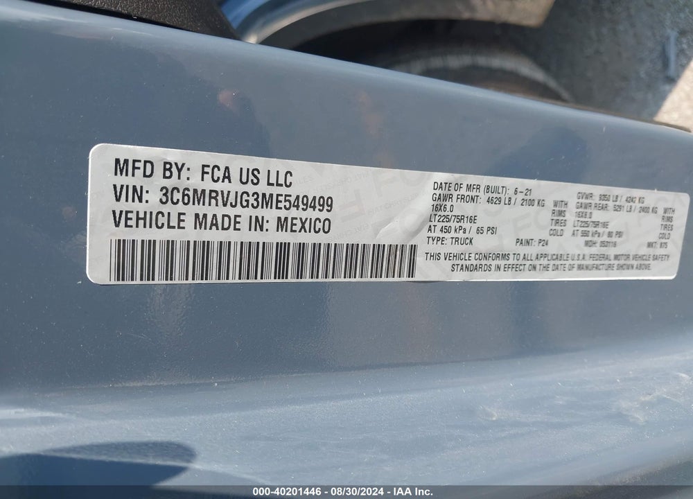 2021 RAM PROMASTER 3500 CARGO VAN HIGH ROOF 159 WB EXT VIN: 3C6MRVJG3ME549499