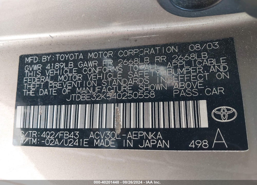 2004 TOYOTA CAMRY LE VIN: JTDBE32K540250558