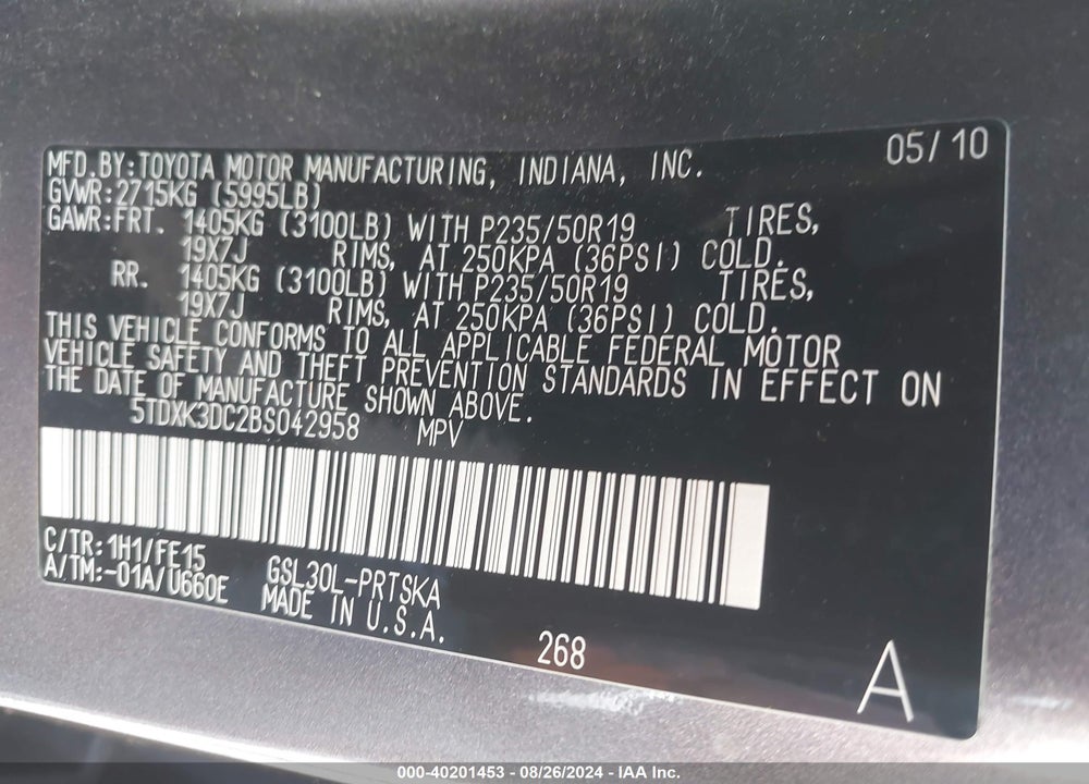 2011 TOYOTA SIENNA SE VIN: 5TDXK3DC2BS042958