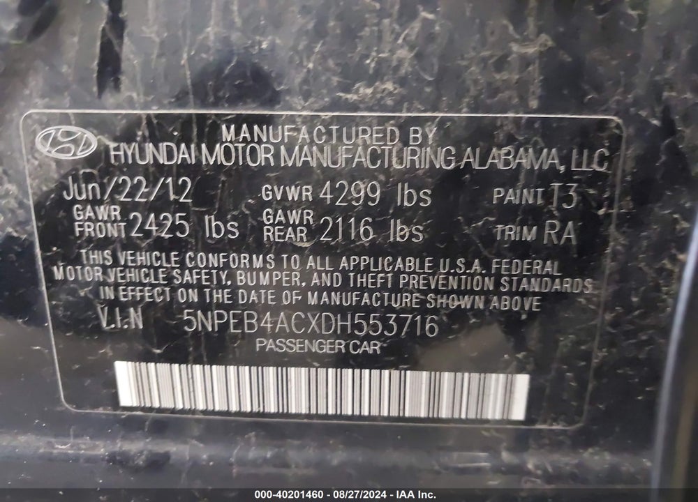 2013 HYUNDAI SONATA GLS VIN: 5NPEB4ACXDH553716