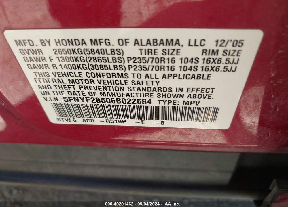 2006 HONDA PILOT EX-L VIN: 5FNYF28506B022684