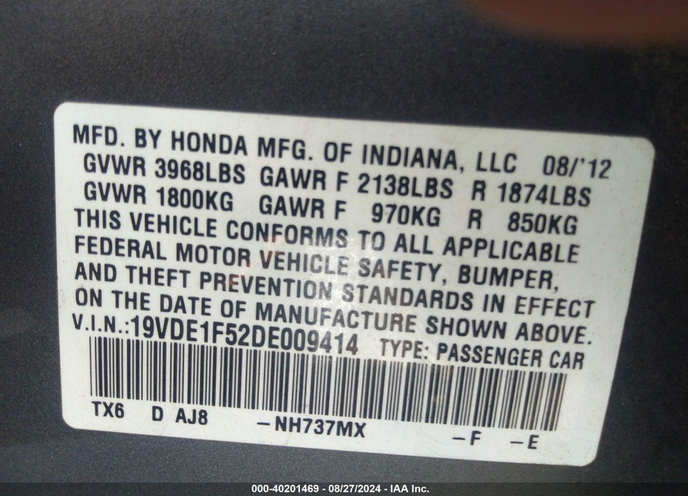 2013 ACURA ILX 2.0L VIN: 19VDE1F52DE009414