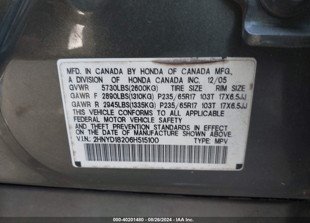 2006 ACURA MDX VIN: 2HNYD18206H515100
