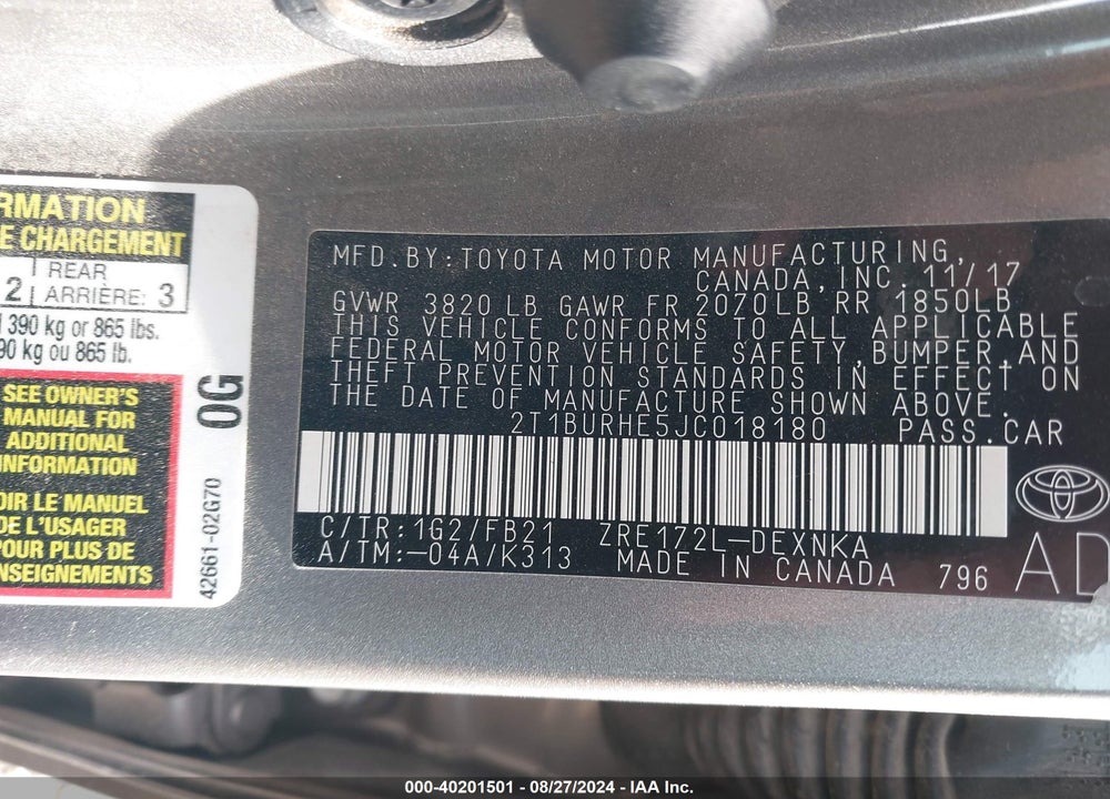 2018 TOYOTA COROLLA LE VIN: 2T1BURHE5JC018180