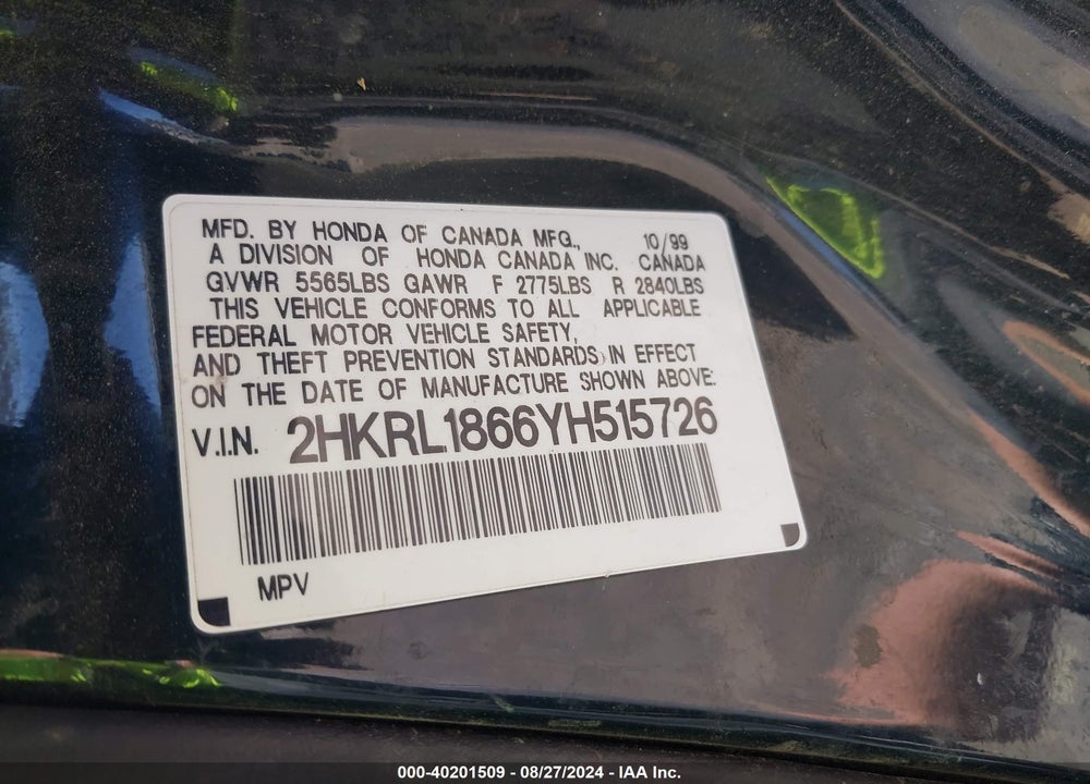 2000 HONDA ODYSSEY EX VIN: 2HKRL1866YH515726