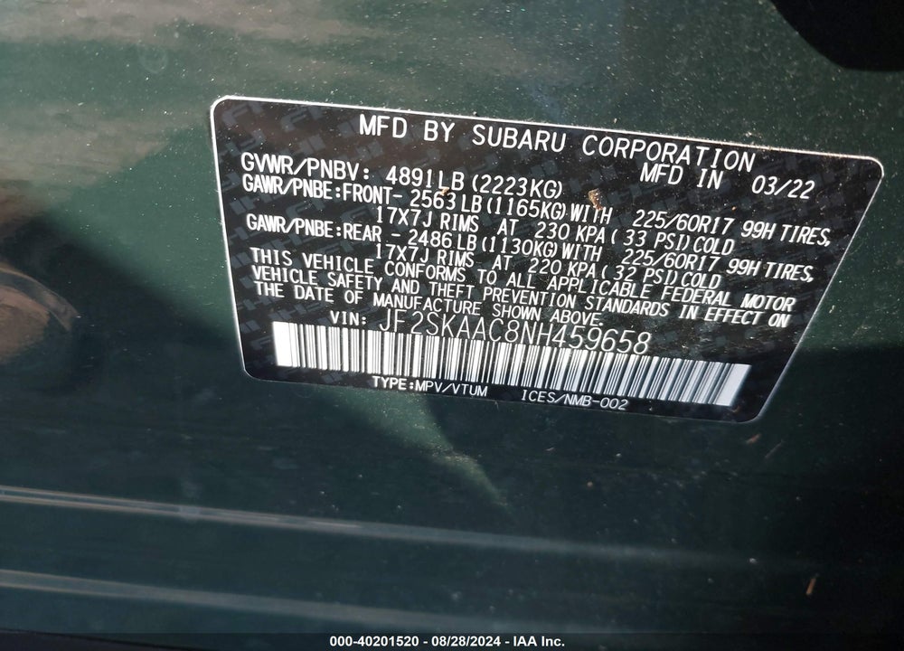 2022 SUBARU FORESTER VIN: JF2SKAAC8NH459658