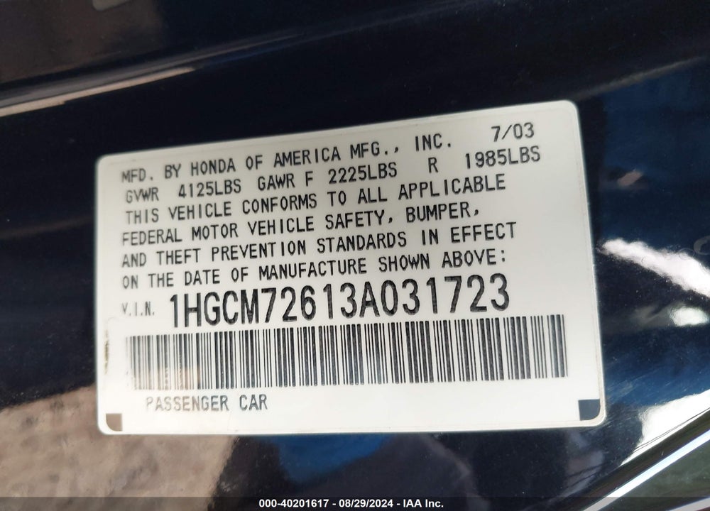 2003 HONDA ACCORD 2.4 EX VIN: 1HGCM72613A031723