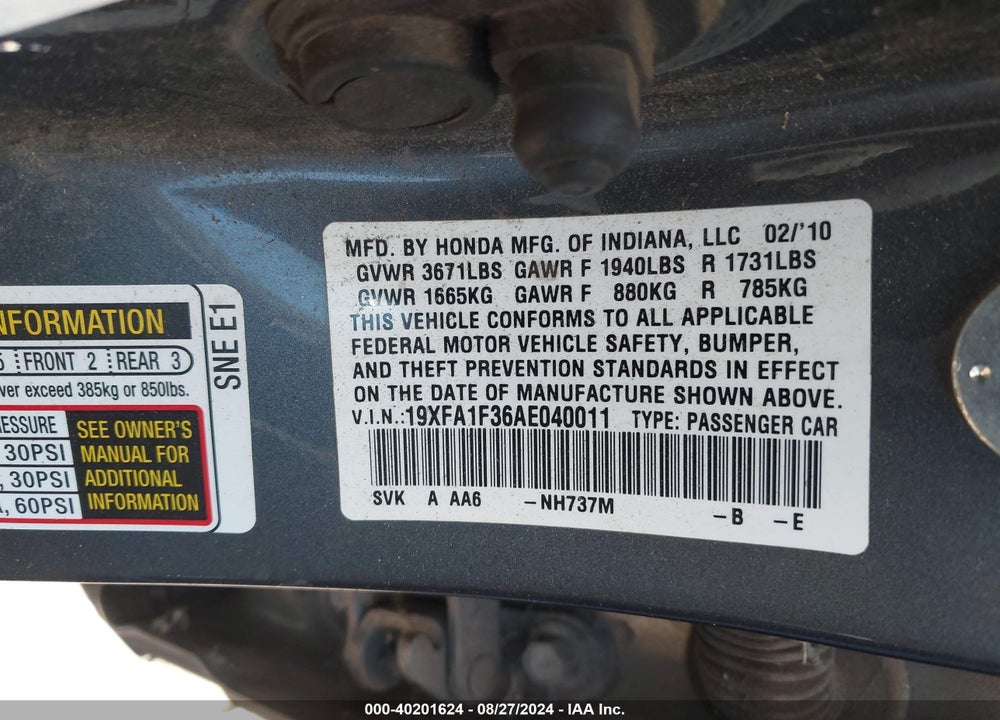 2010 HONDA CIVIC VIN: 19XFA1F36AE040011