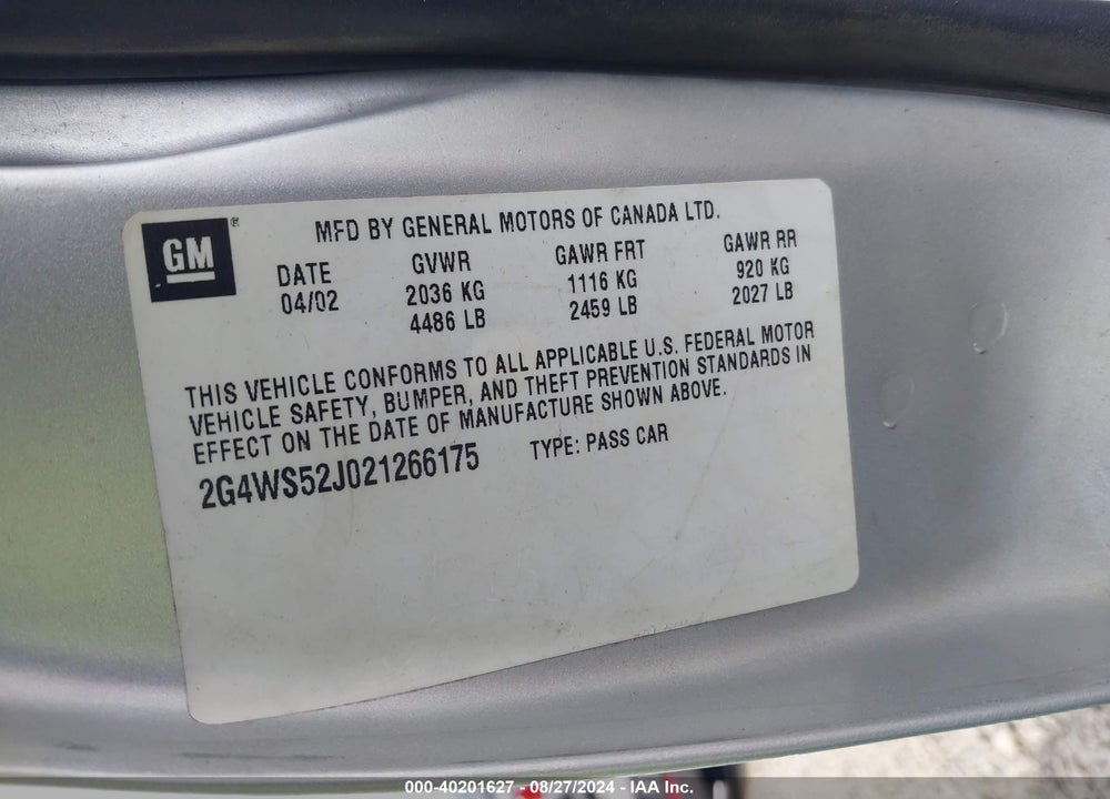 2002 BUICK CENTURY CUSTOM VIN: 2G4WS52J021266175