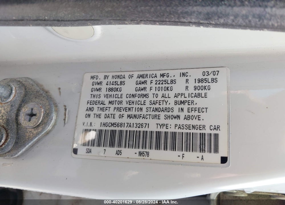 2007 HONDA ACCORD 2.4 EX VIN: 1HGCM56817A132671