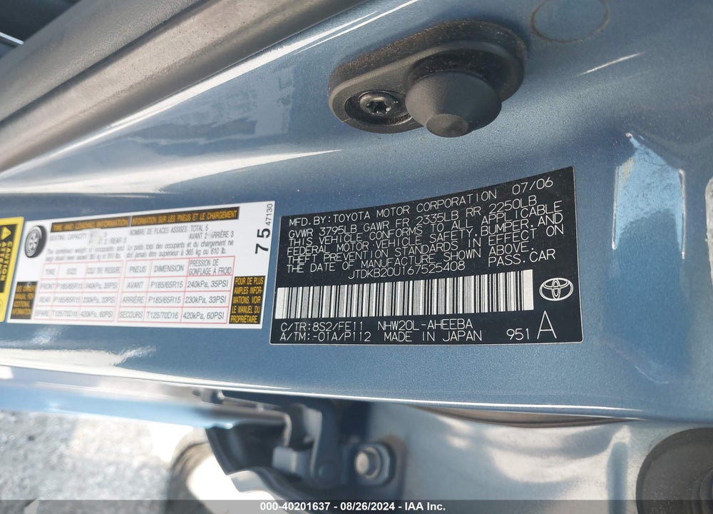 2006 TOYOTA PRIUS VIN: JTDKB20U167525408