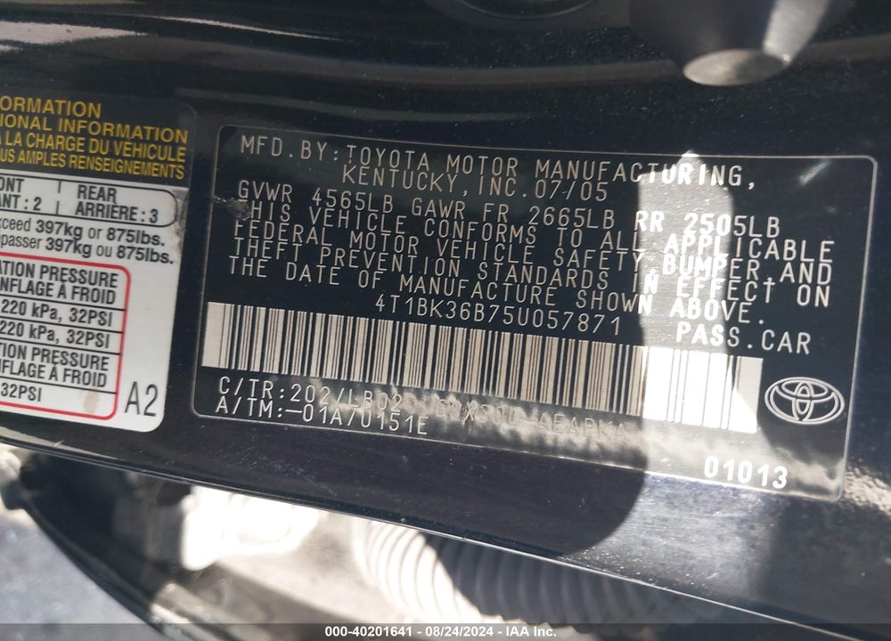 2005 TOYOTA AVALON LIMITED VIN: 4T1BK36B75U057871