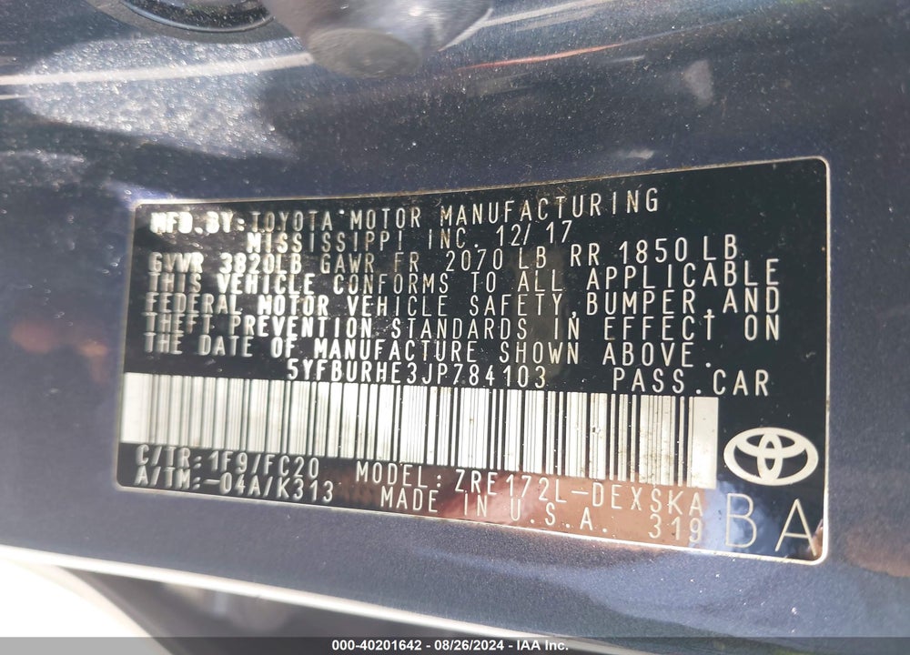 2018 TOYOTA COROLLA SE VIN: 5YFBURHE3JP784103