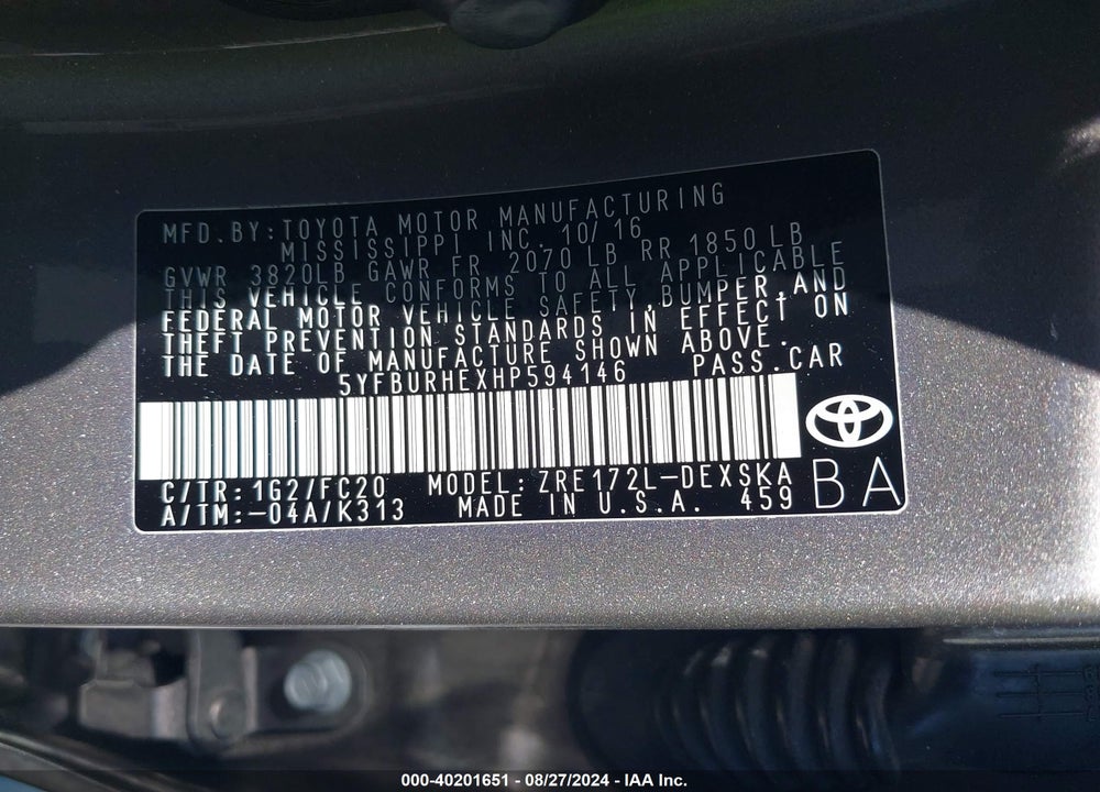 2017 TOYOTA COROLLA SE VIN: 5YFBURHEXHP594146