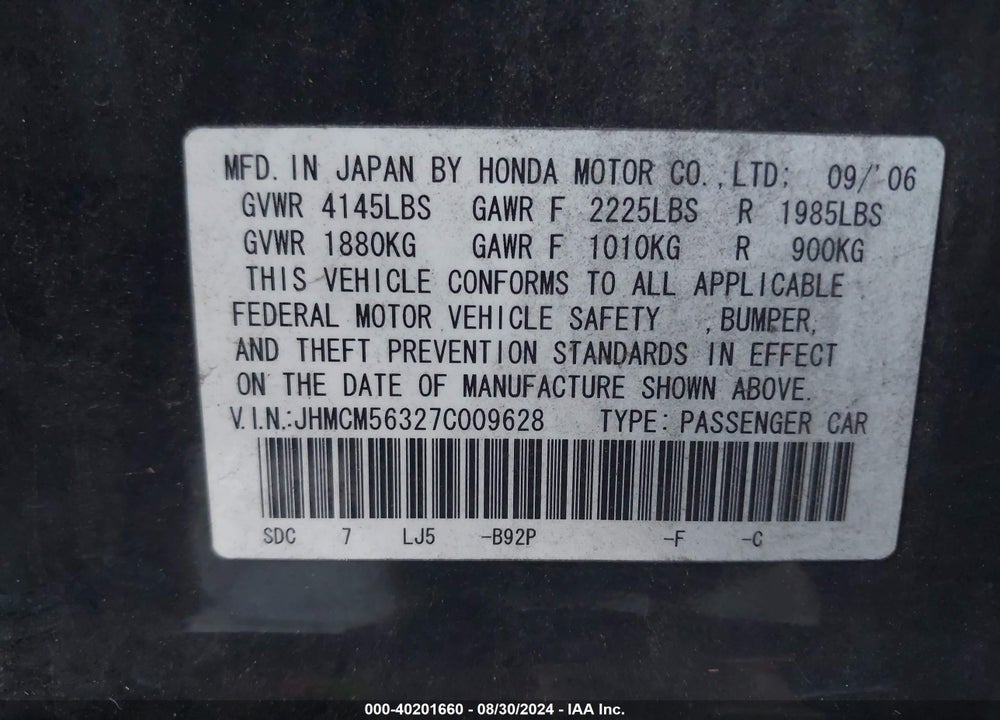 2007 HONDA ACCORD 2.4 SE VIN: JHMCM56327C009628