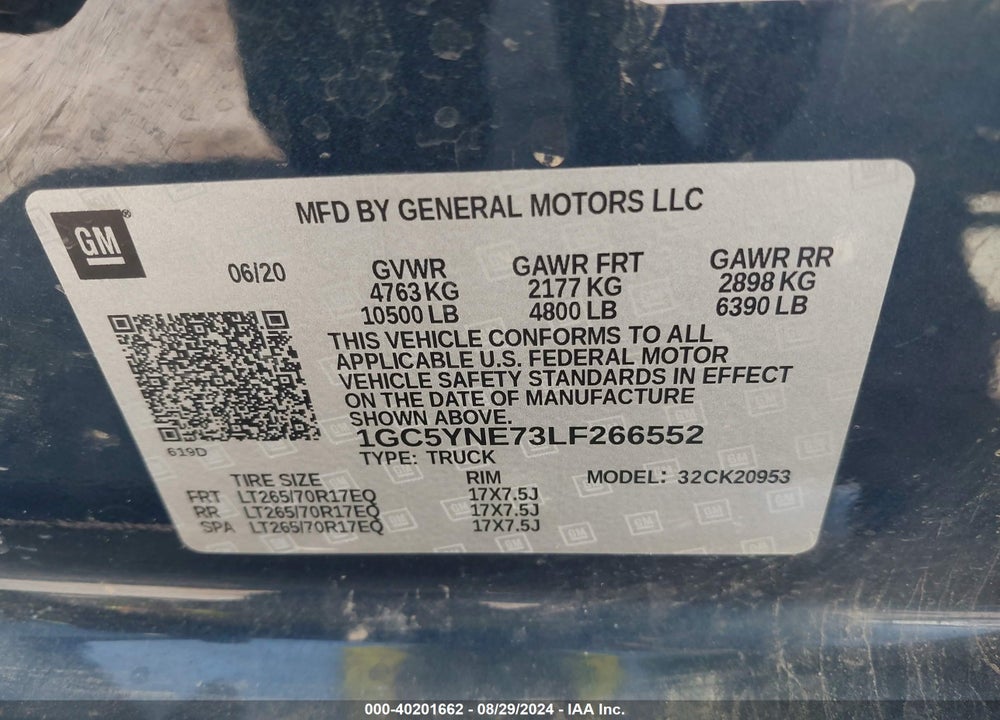 2020 CHEVROLET SILVERADO 2500HD 4WD DOUBLE CAB LONG BED LT VIN: 1GC5YNE73LF266552