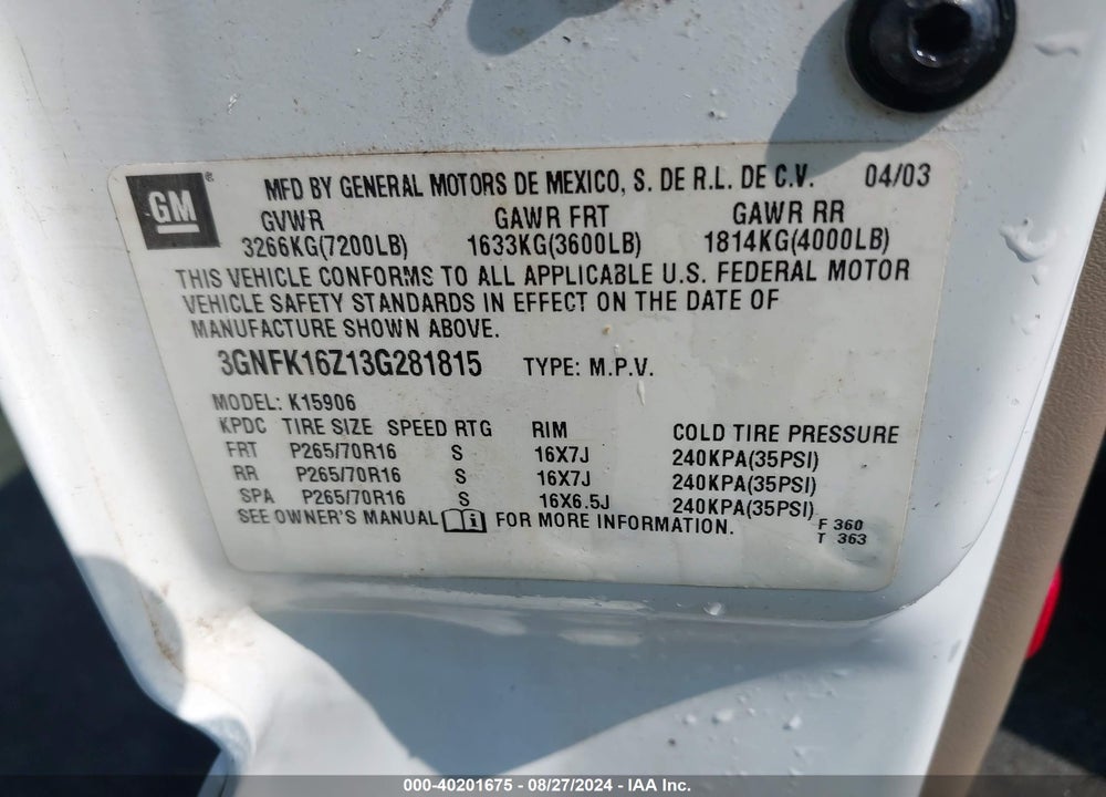 2003 CHEVROLET SUBURBAN 1500 LT VIN: 3GNFK16Z13G281815