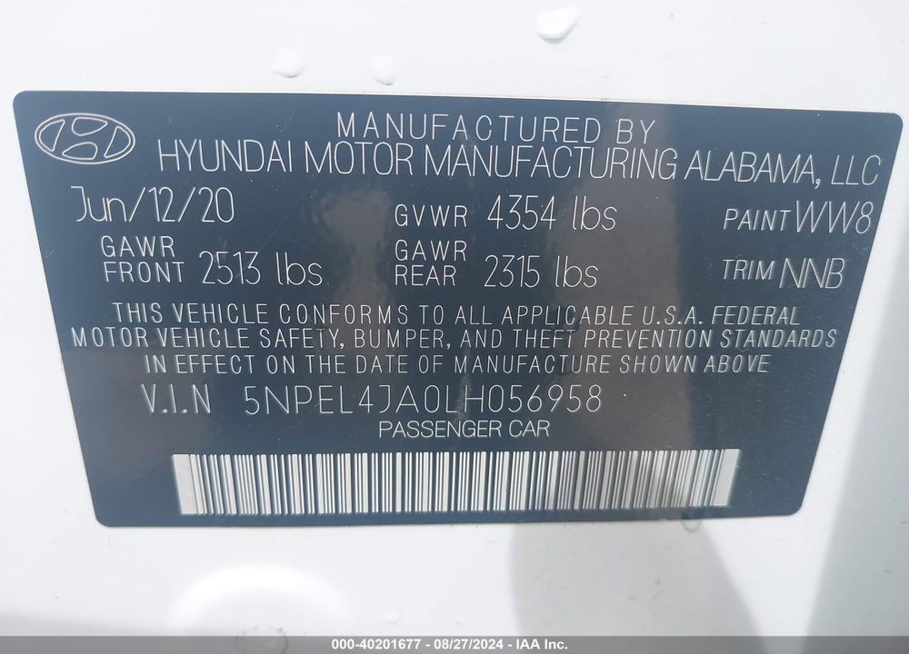 2020 HYUNDAI SONATA SEL VIN: 5NPEL4JA0LH056958