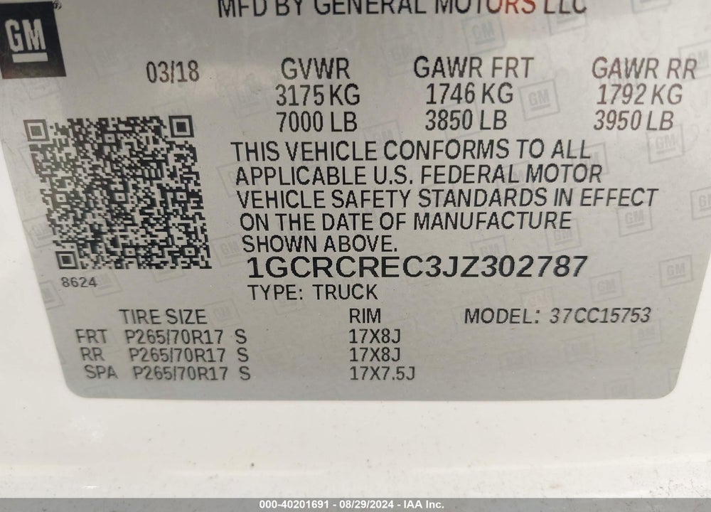 2018 CHEVROLET SILVERADO 1500 LT VIN: 1GCRCREC3JZ302787