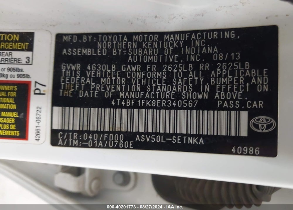 2014 TOYOTA CAMRY LE VIN: 4T4BF1FK8ER340567