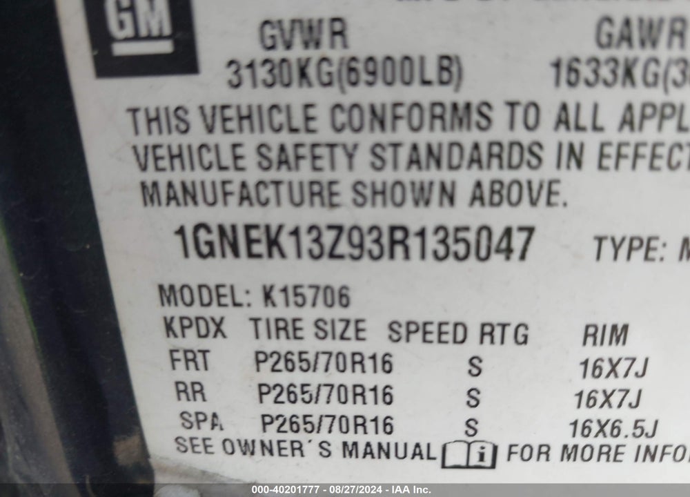 2003 CHEVROLET TAHOE LT VIN: 1GNEK13Z93R135047