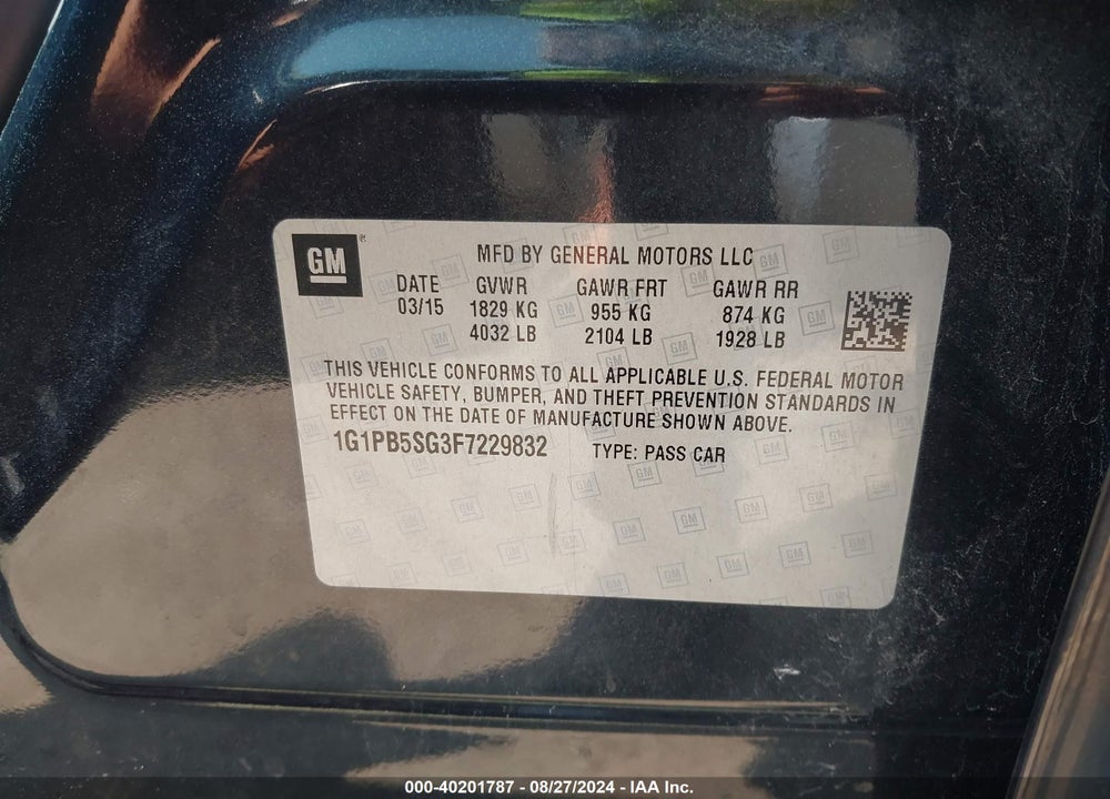 2015 CHEVROLET CRUZE LS MANUAL VIN: 1G1PB5SG3F7229832
