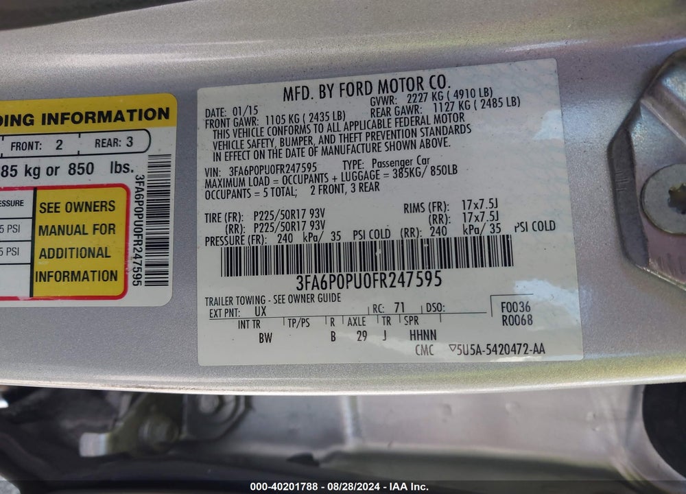 2015 FORD FUSION ENERGI SE LUXURY VIN: 3FA6P0PU0FR247595