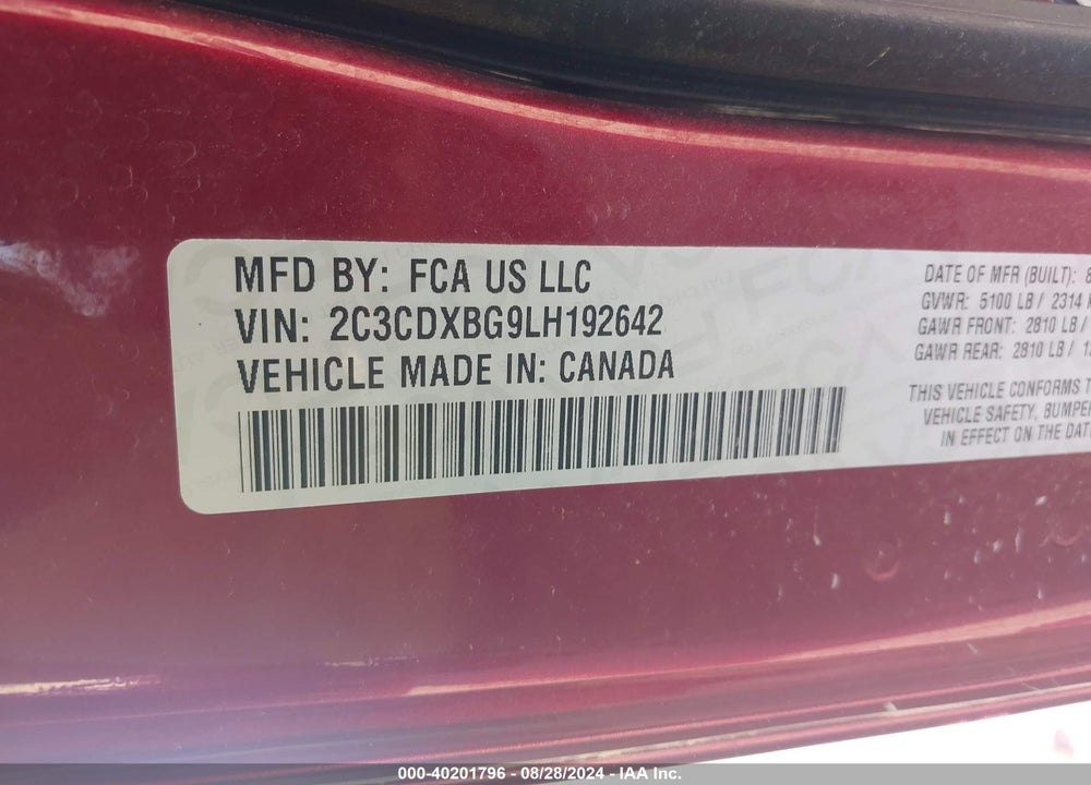 2020 DODGE CHARGER SXT RWD VIN: 2C3CDXBG9LH192642