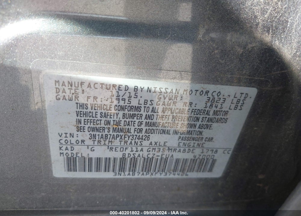 2015 NISSAN SENTRA VIN: 3N1AB7APXFY374426