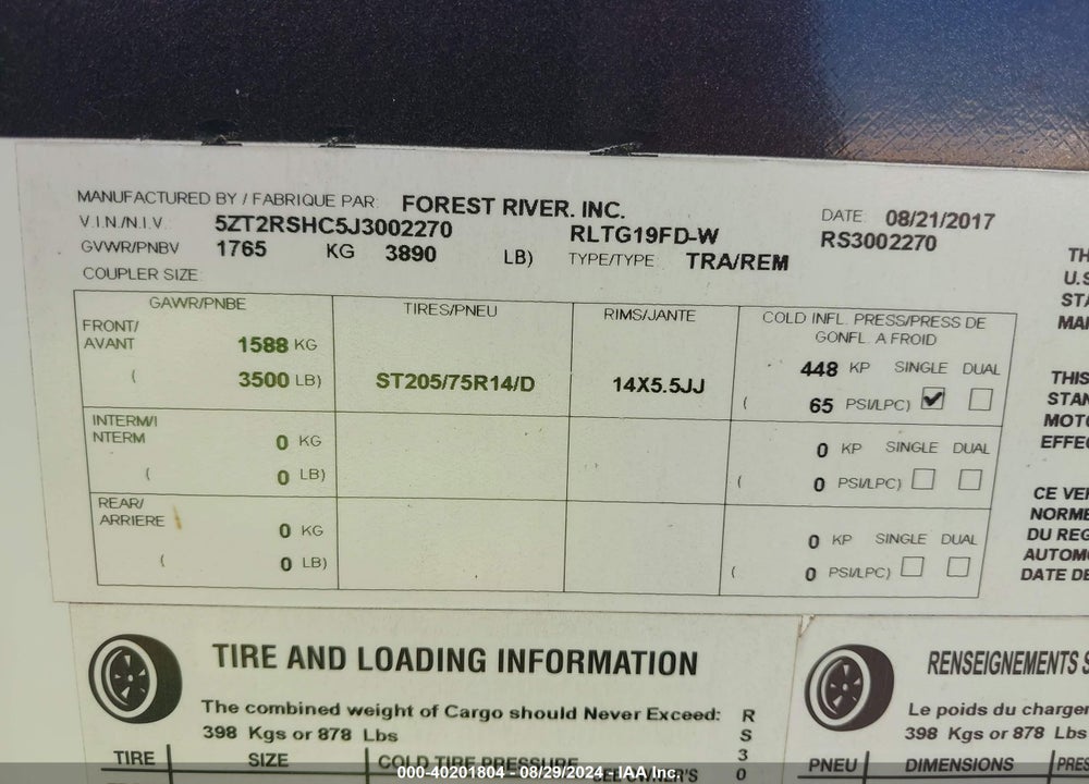 2018 FOREST RIVER ROCKWOOD VIN: 5ZT2RSHC5J3002270