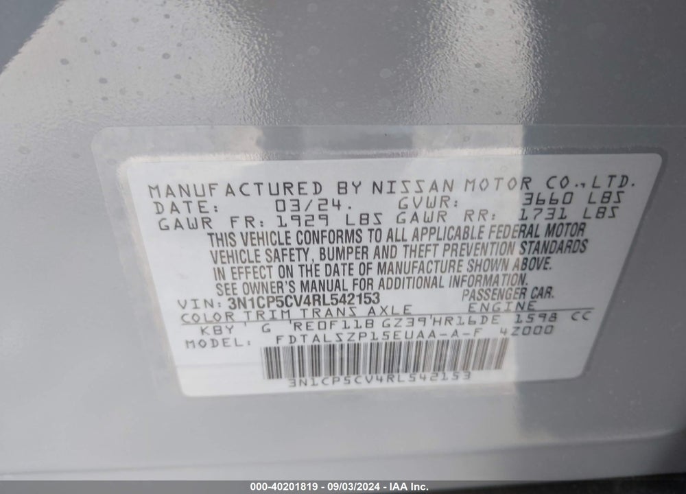 2024 NISSAN KICKS SV XTRONIC CVT VIN: 3N1CP5CV4RL542153