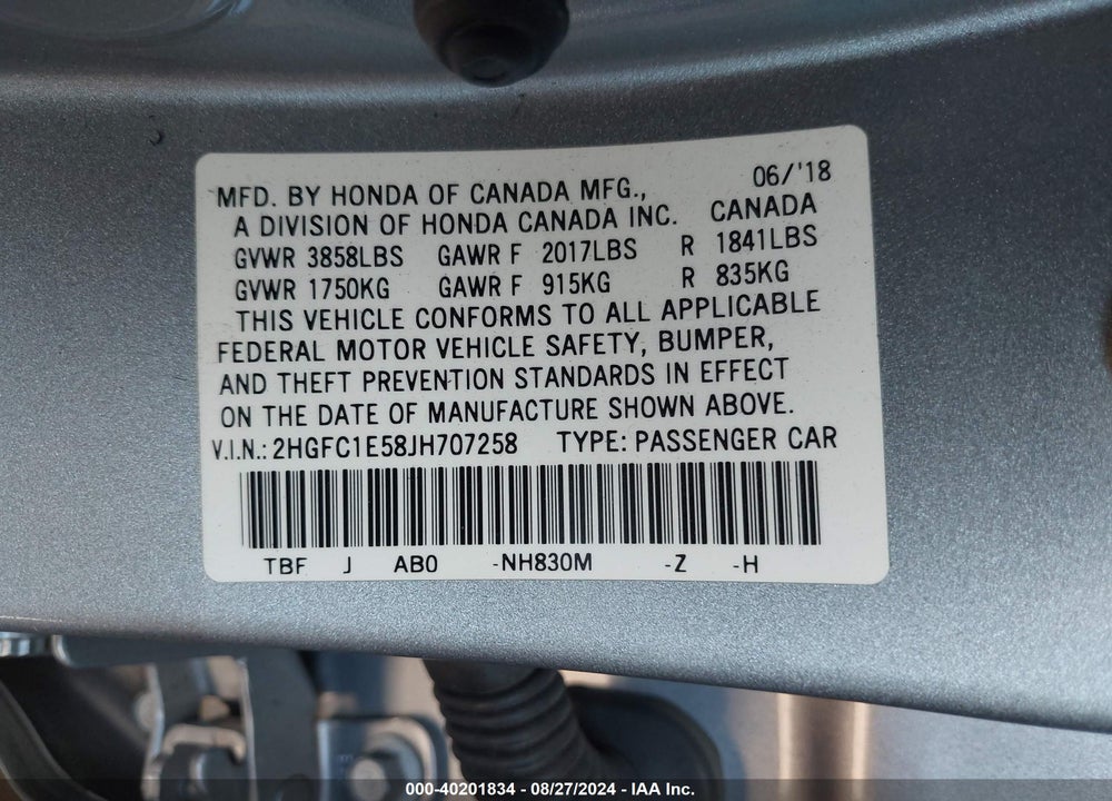2018 HONDA CIVIC SI VIN: 2HGFC1E58JH707258