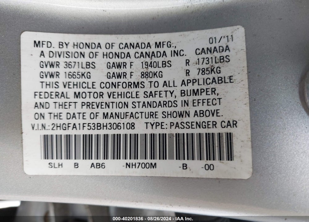 2011 HONDA CIVIC LX VIN: 2HGFA1F53BH306108